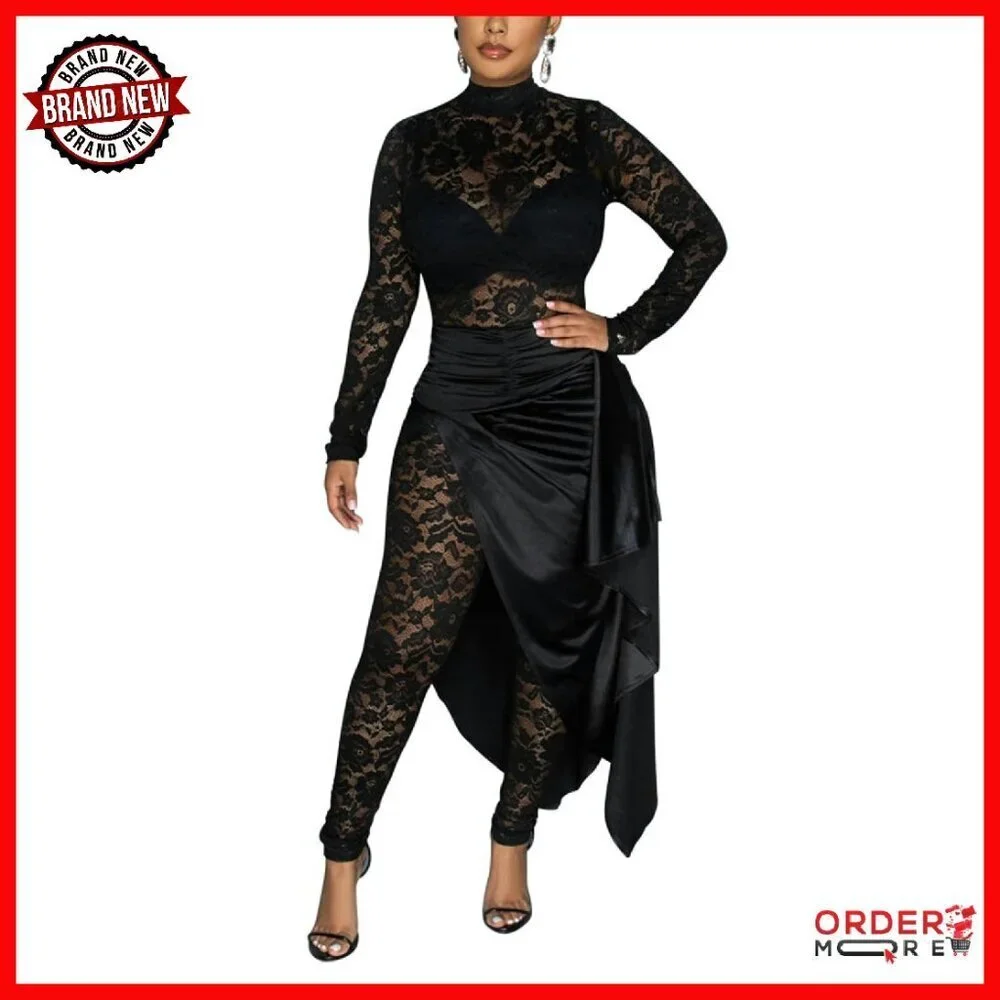 Women's Lace Jumpsuit Long Sleeve See Through Bodycon Club Outfit